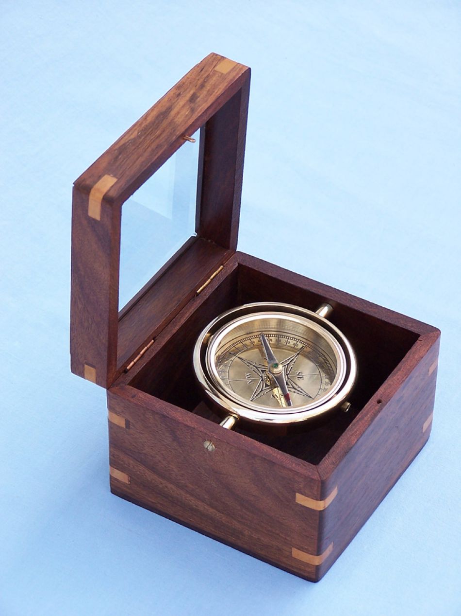 Solid Brass Lifeboat Compass w/ Rosewood Box 5"