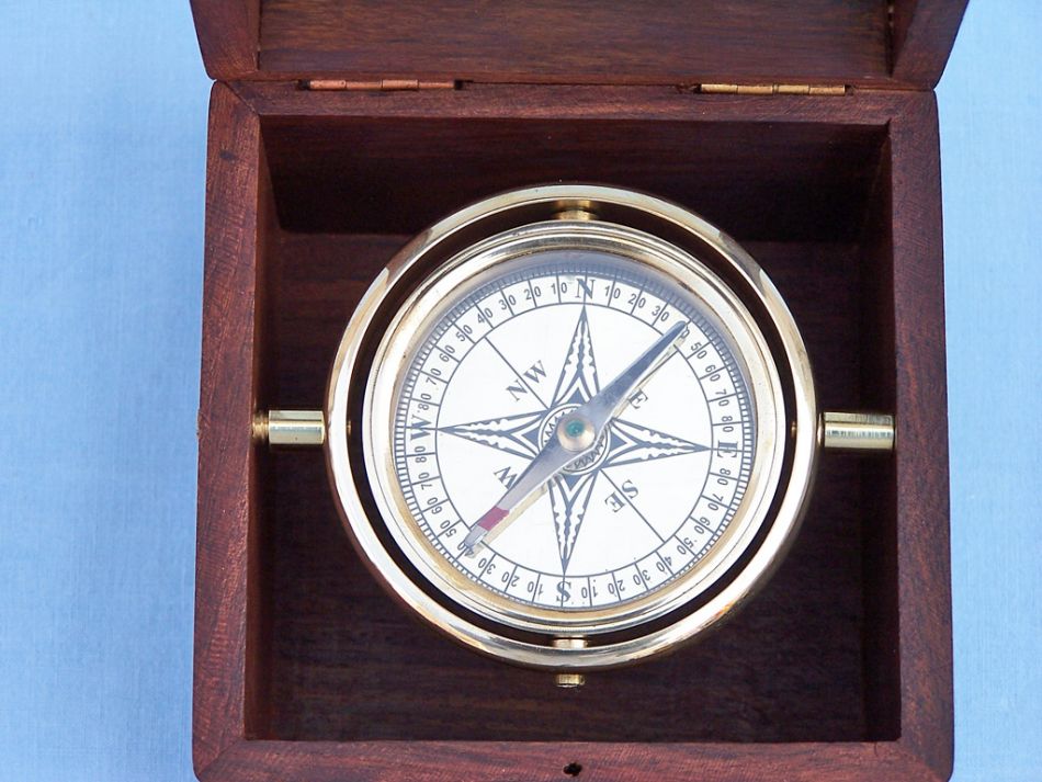 Solid Brass Lifeboat Compass w/ Rosewood Box 5"