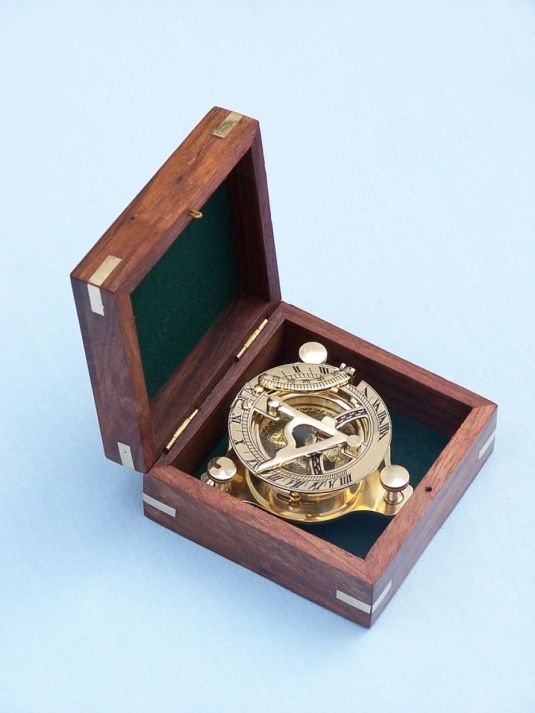 Solid Brass Captain's Triangle Sundial Compass w/ Rosewood Box 3"