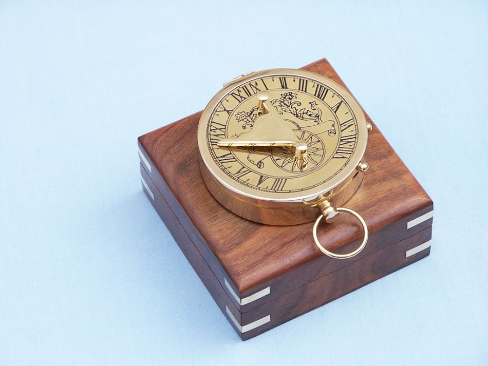 Solid Brass Admiral's Sundial Compass w/ Rosewood Box 4"