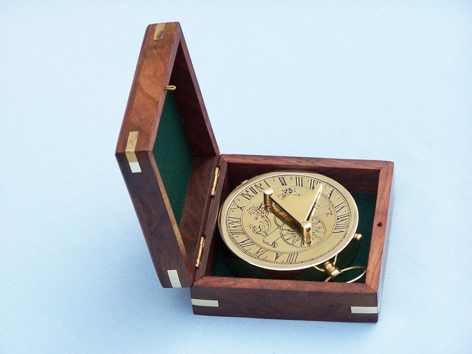Solid Brass Admiral's Sundial Compass w/ Rosewood Box 4"
