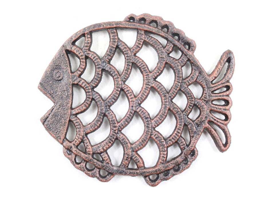 Rustic Copper Cast Iron Big Fish Trivet 8"