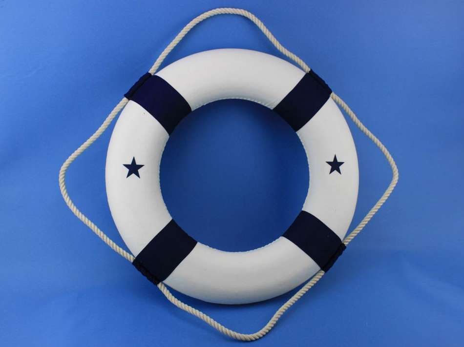 Classic White Decorative Lifering with Blue Bands 20"
