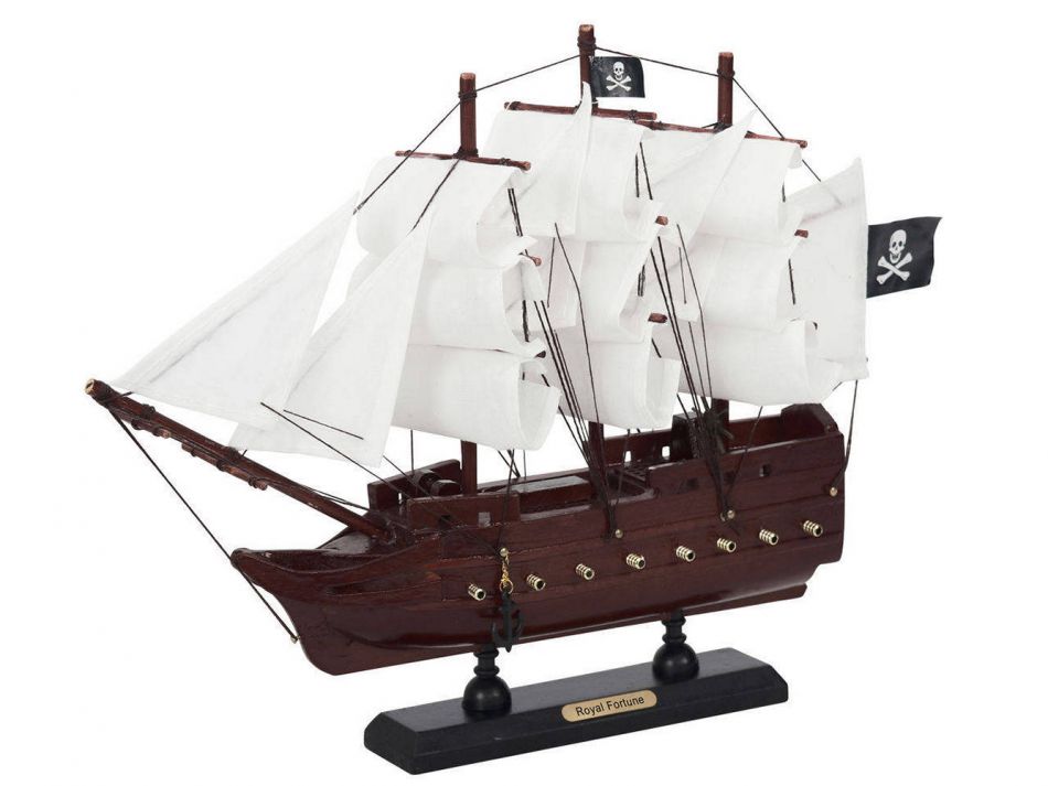 Wooden Black Bart's Royal Fortune White Sails Model Pirate Ship 12"