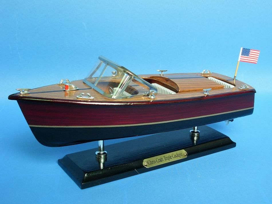 Wooden Chris Craft Triple Cockpit Model Speedboat 14"