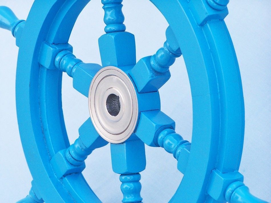 Deluxe Class Light Blue Wood and Chrome Decorative Ship Steering Wheel 18"