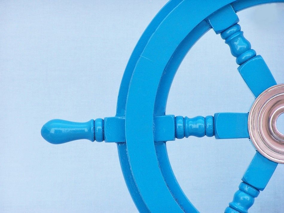 Deluxe Class Light Blue Wood and Chrome Decorative Ship Steering Wheel 18"
