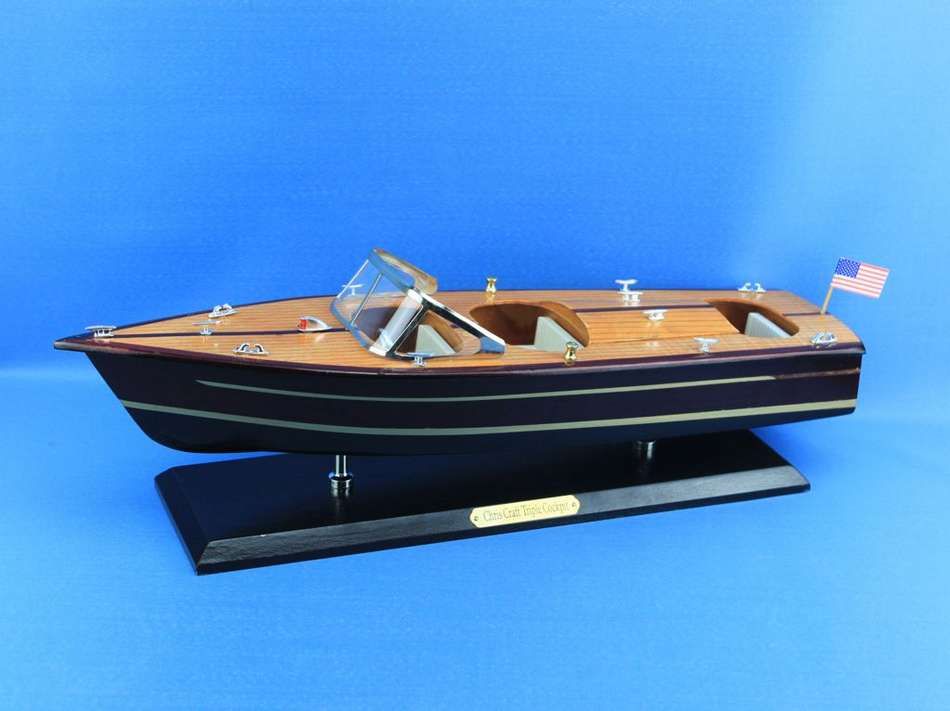 Wooden Chris Craft Triple Cockpit Model Speedboat 20"