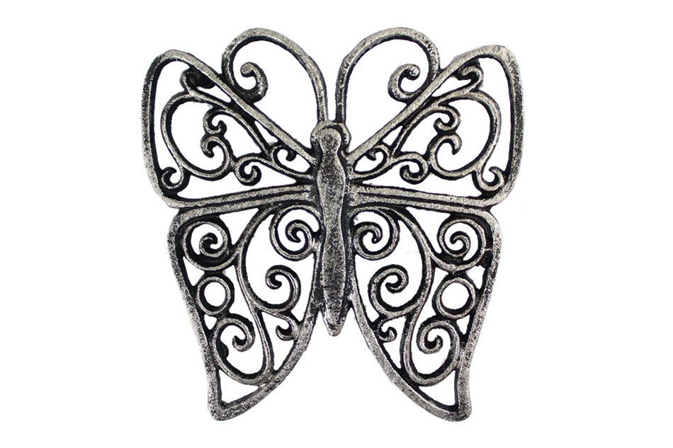 Rustic Silver Cast Iron Butterfly Trivet 8"