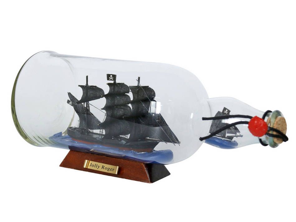 Captain Hook's Jolly Roger from Peter Pan Model Ship in a Glass Bottle 11"