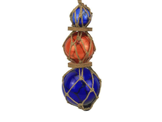 Blue - Orange - Blue Japanese Glass Ball Fishing Floats with Brown Netting Decoration 11"