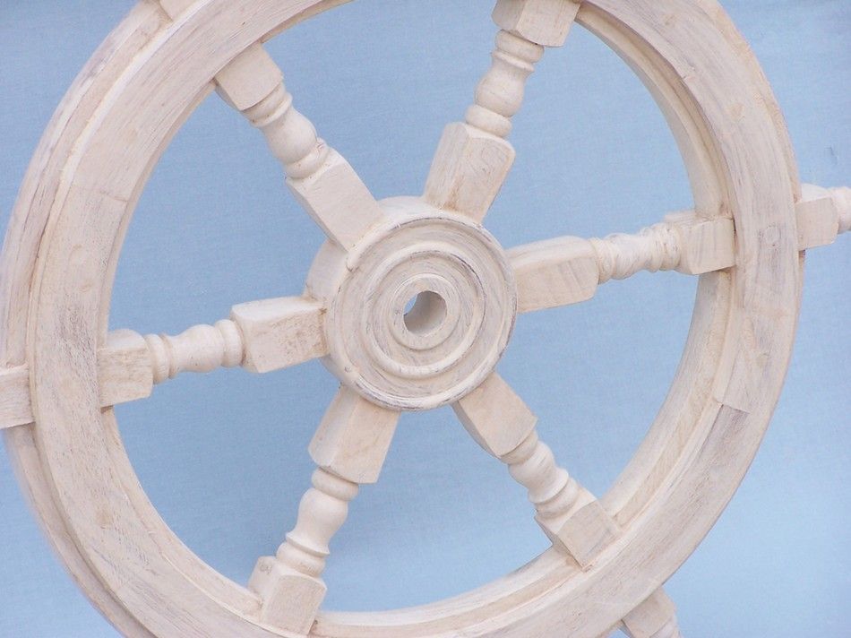 Classic Wooden Whitewashed Decorative Ship Steering Wheel 24"