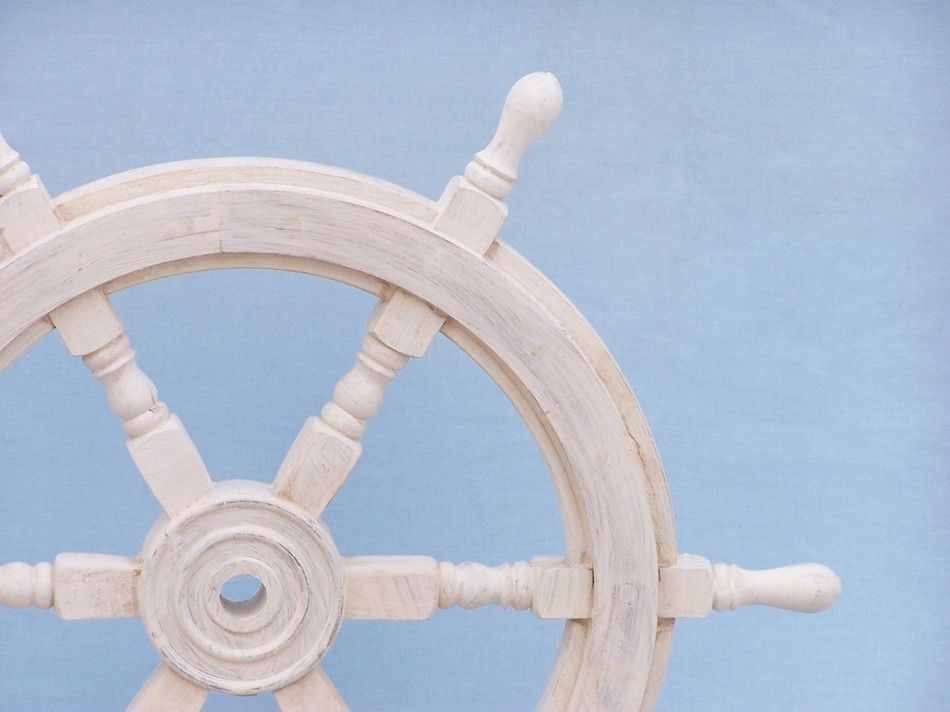 Classic Wooden Whitewashed Decorative Ship Steering Wheel 24"