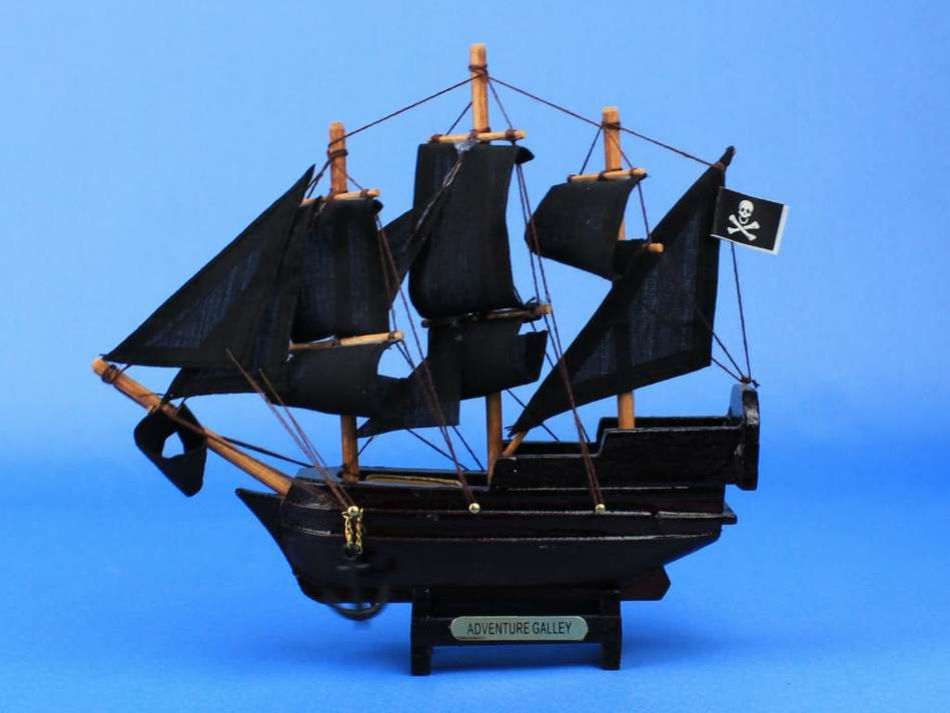 Wooden Captain Kidd's Adventure Galley Model Pirate Ship 7"