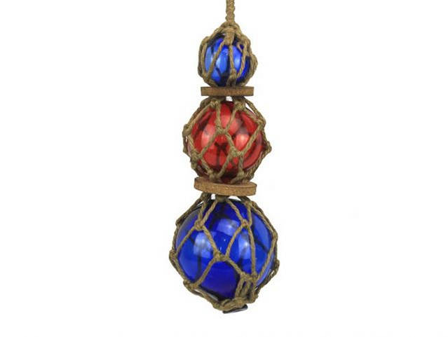Blue - Red - Blue Japanese Glass Ball Fishing Floats with Brown Netting Decoration 11"