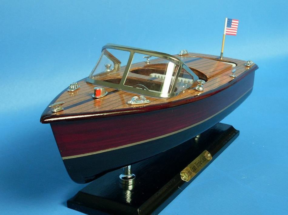 Wooden Chris Craft Triple Cockpit Model Speedboat 14"