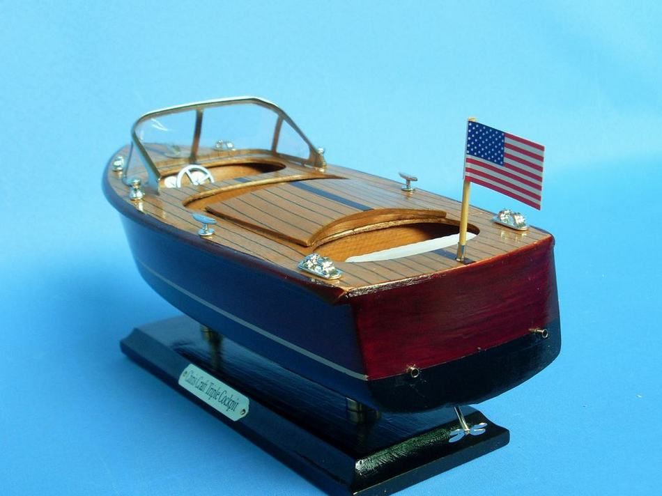 Wooden Chris Craft Triple Cockpit Model Speedboat 14"
