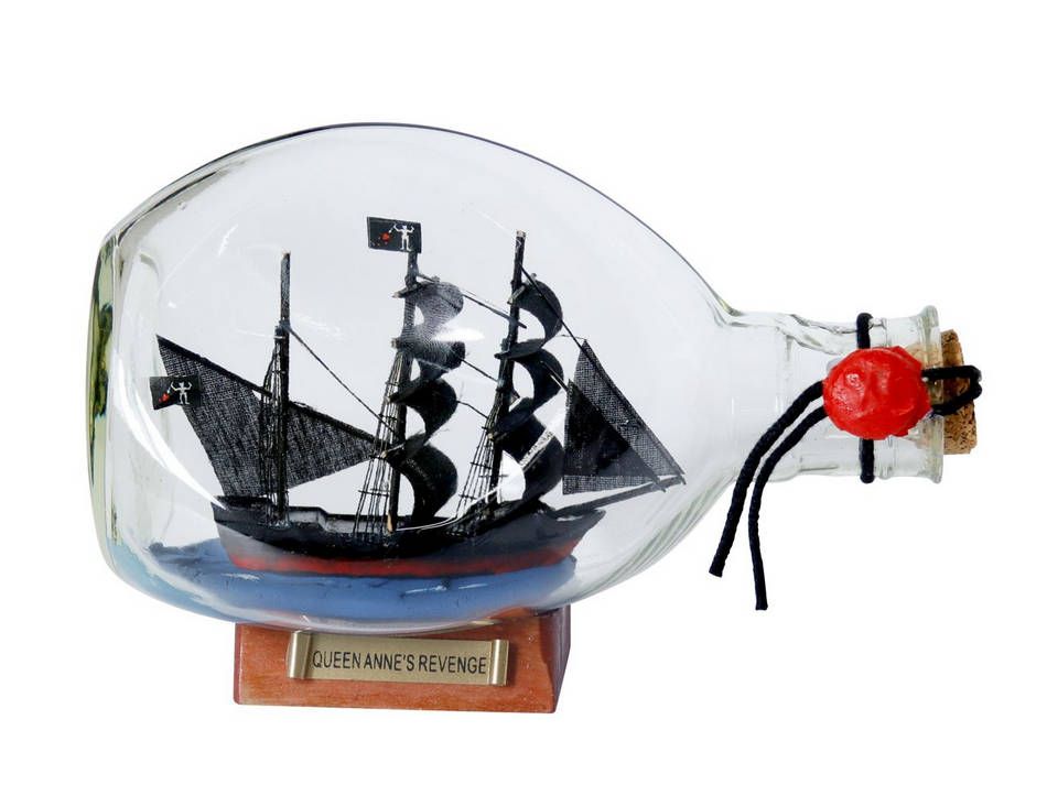 Wooden Blackbeard's Queen Anne's Revenge Pirate Ship in a Glass Bottle 7"