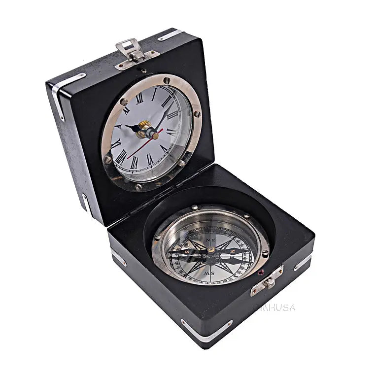 Brass Compass & Clock W/Wooden Case-AK006