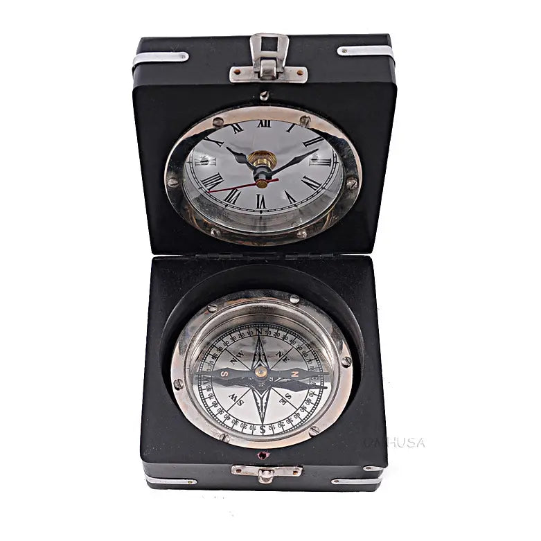Brass Compass & Clock W/Wooden Case-AK006