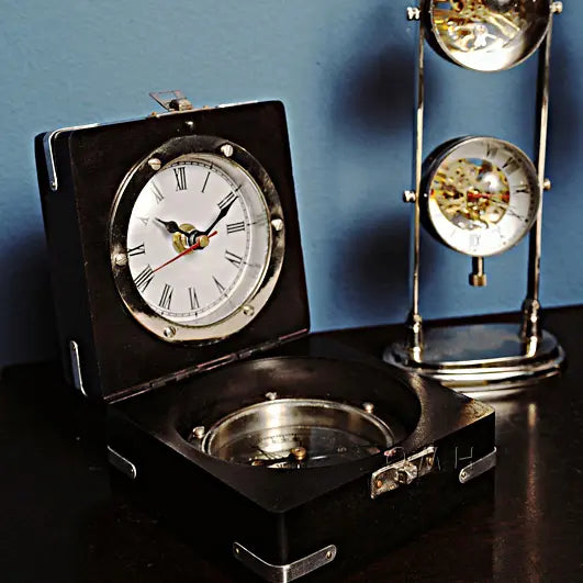 Brass Compass & Clock W/Wooden Case-AK006