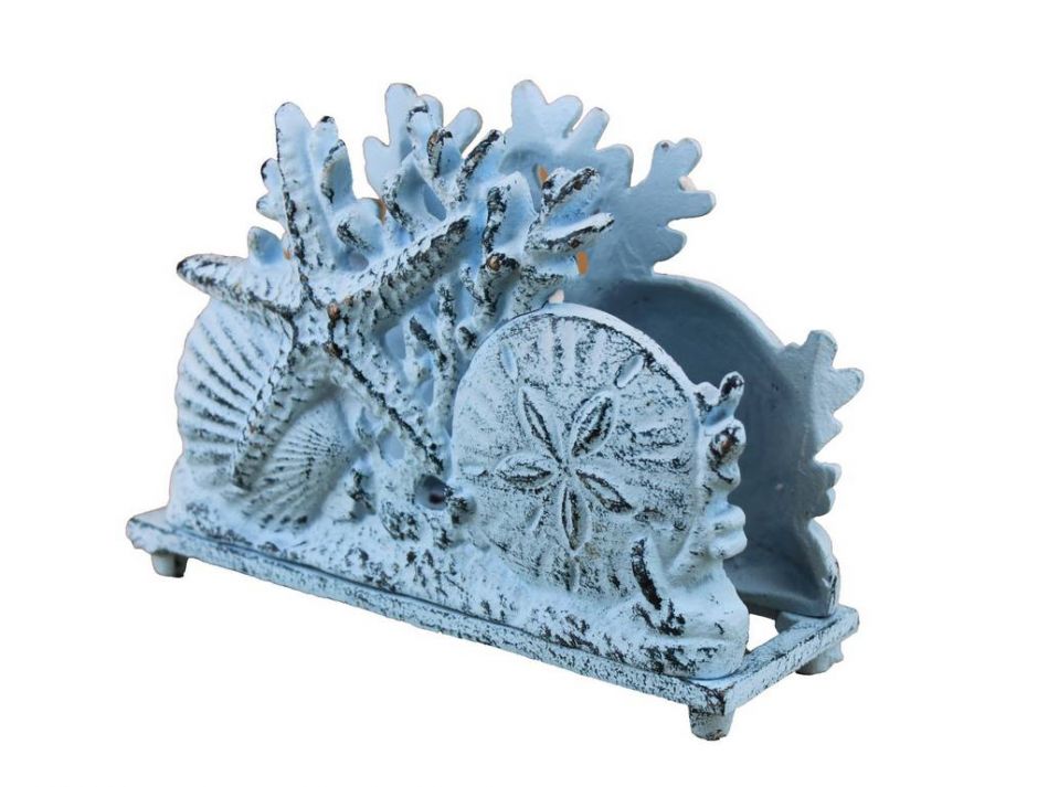 Rustic Dark Blue Whitewashed Cast Iron Seashell Napkin Holder 7"