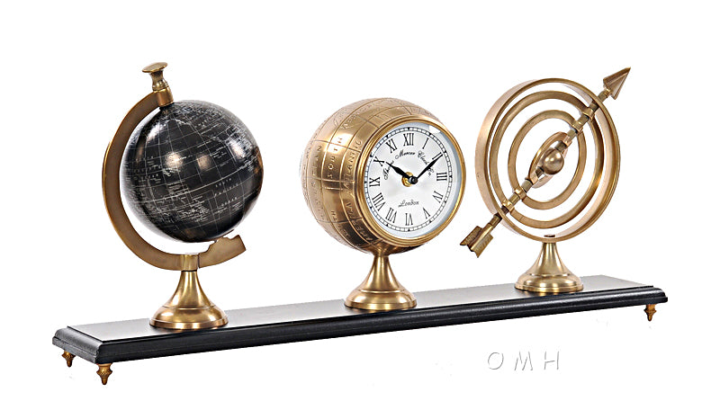 Armillery/Clock & World Globe On Wood Base-AK031