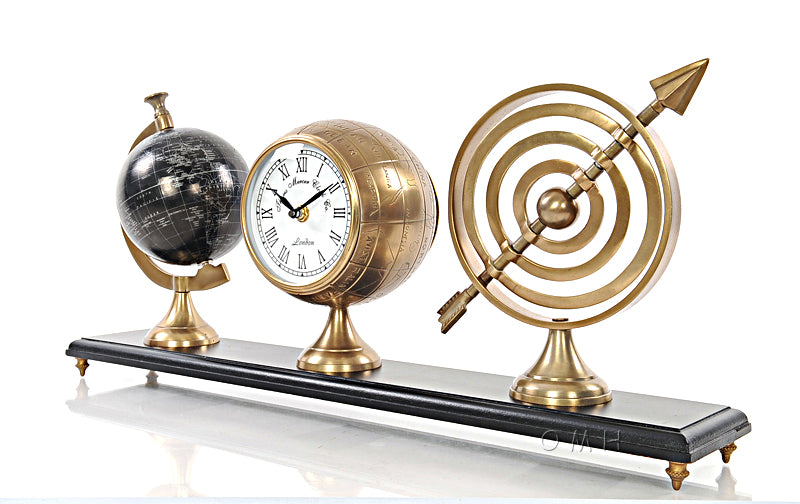 Armillery/Clock & World Globe On Wood Base-AK031