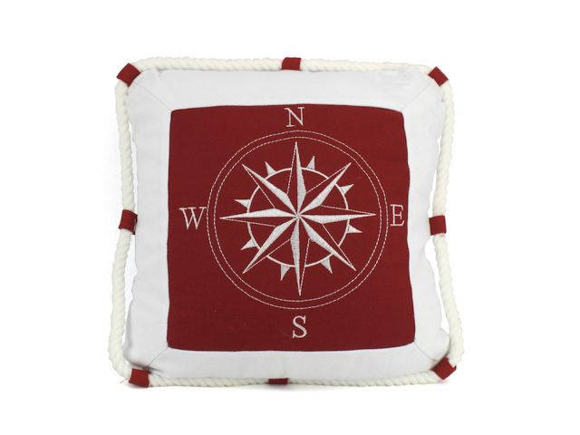 Red Compass With Nautical Rope Decorative Throw Pillow 16"