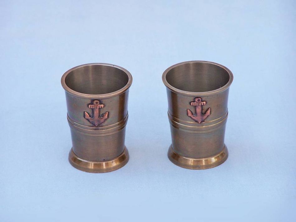 Antique Brass Anchor Shot Glasses with Rosewood Box 4" - Set of 2
