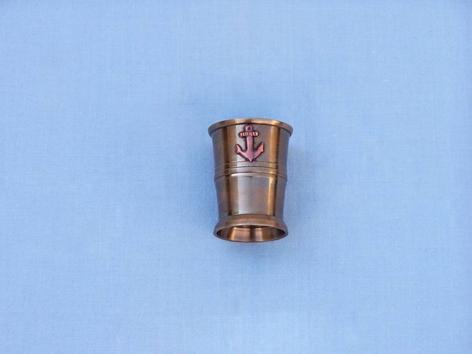 Antique Brass Anchor Shot Glasses with Rosewood Box 4" - Set of 2