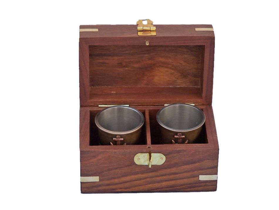 Antique Brass Anchor Shot Glasses with Rosewood Box 4" - Set of 2