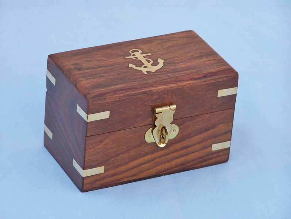 Antique Brass Anchor Shot Glasses with Rosewood Box 4" - Set of 2