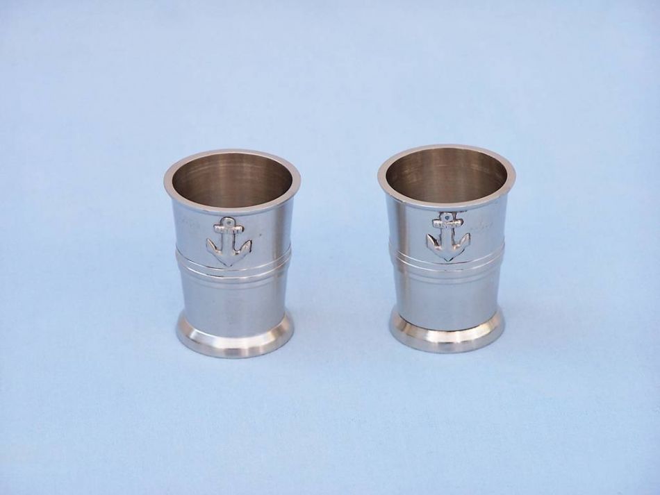 Brushed Nickel Anchor Shot Glasses with Rosewood Box 4" - Set of 2
