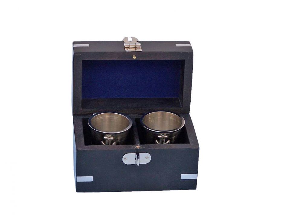 Brushed Nickel Anchor Shot Glasses with Rosewood Box 4" - Set of 2