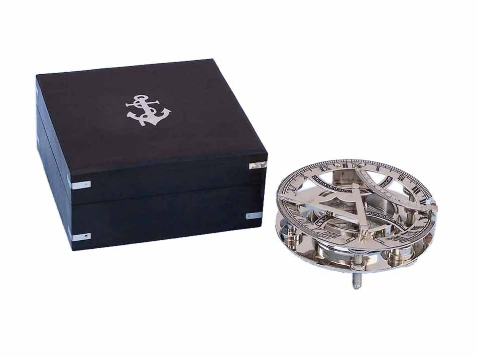 Chrome Round Sundial Compass with Black Rosewood Box 6"