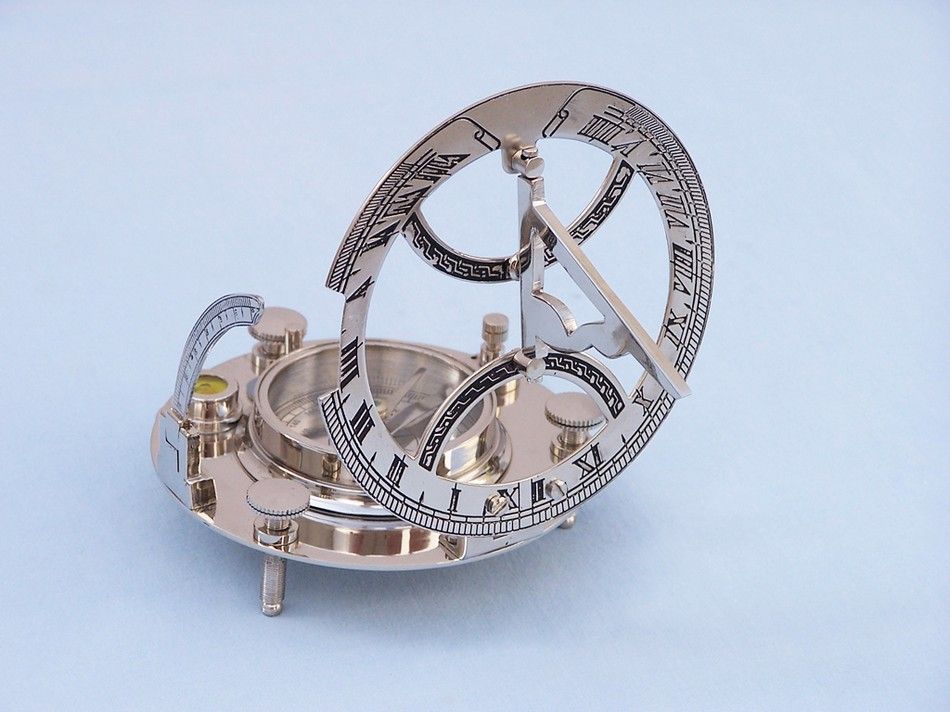 Chrome Round Sundial Compass with Black Rosewood Box 6"