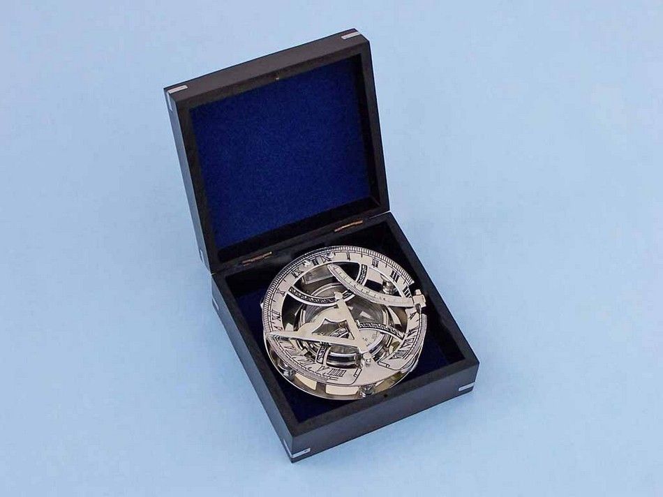 Chrome Round Sundial Compass with Black Rosewood Box 6"
