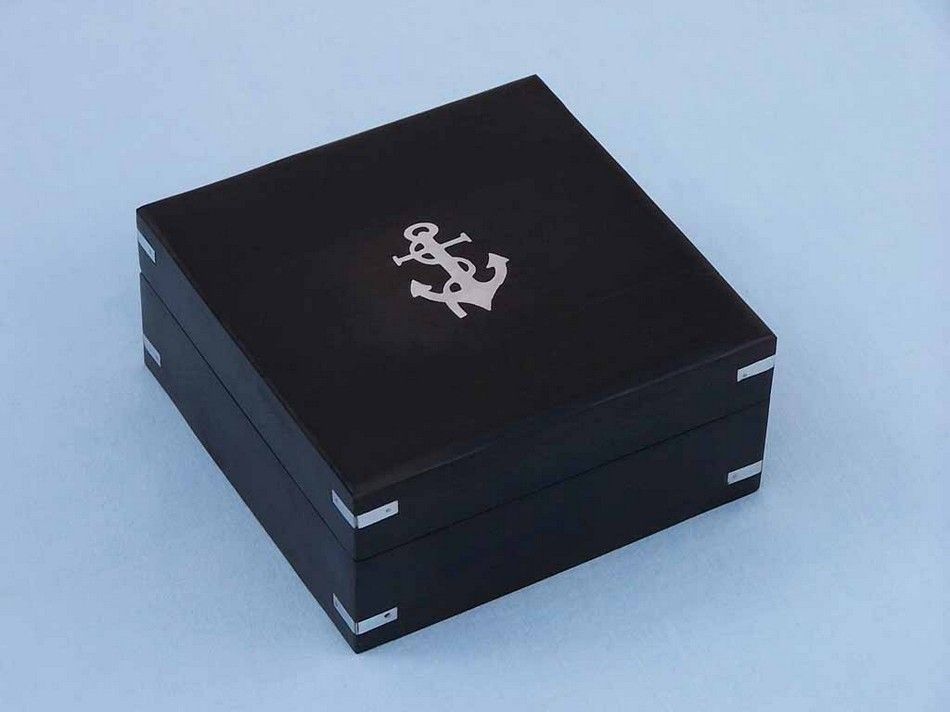 Chrome Round Sundial Compass with Black Rosewood Box 6"