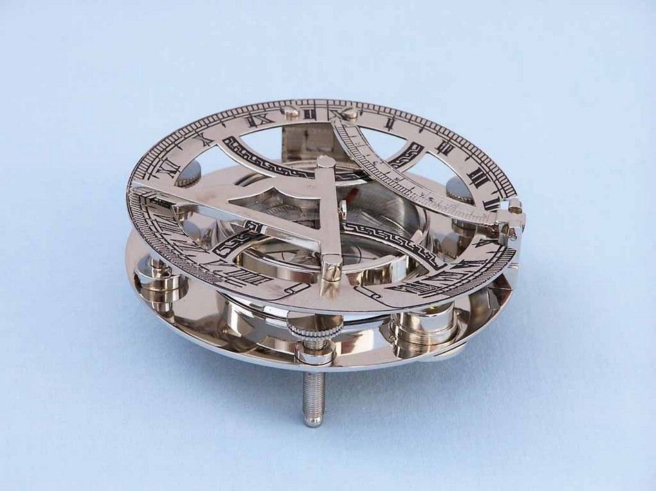 Chrome Round Sundial Compass with Black Rosewood Box 6"