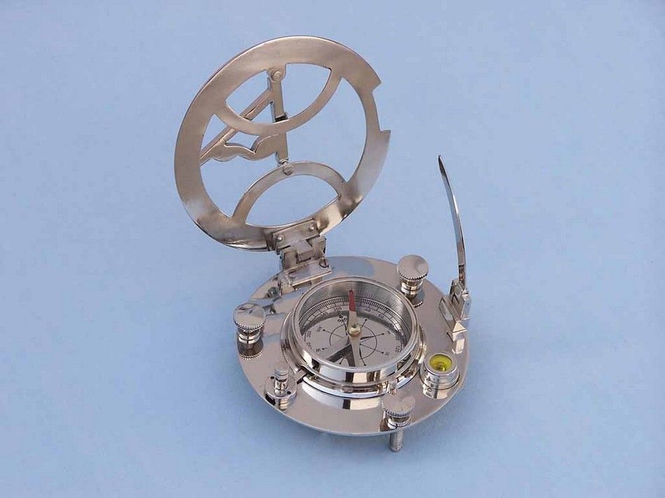 Chrome Round Sundial Compass with Black Rosewood Box 6"