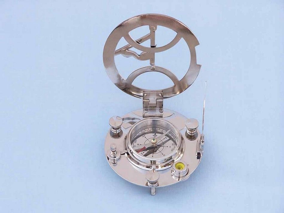 Chrome Round Sundial Compass with Black Rosewood Box 6"