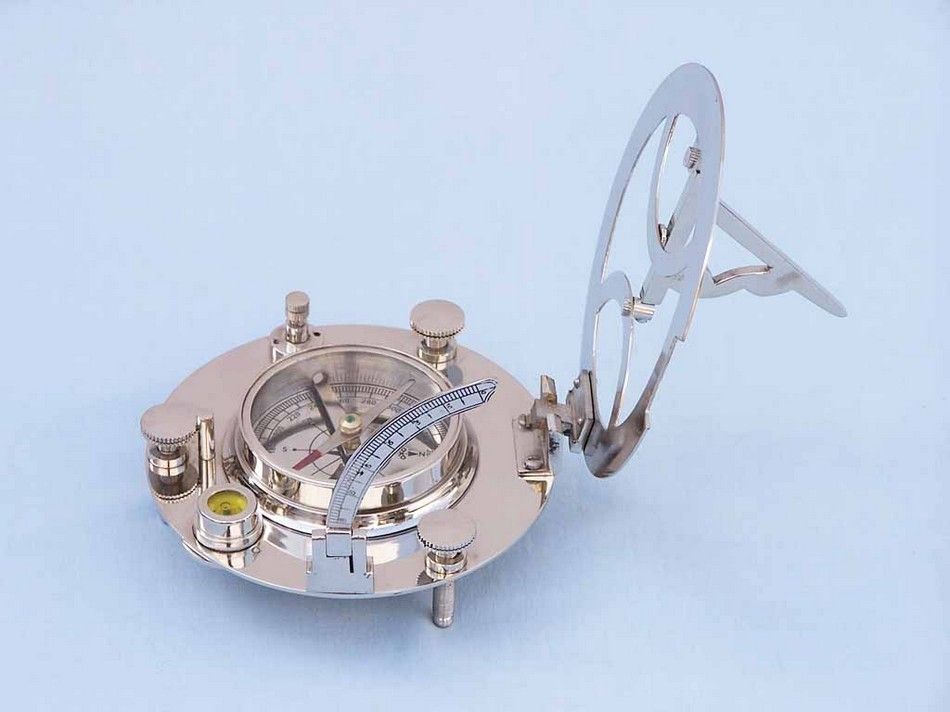 Chrome Round Sundial Compass with Black Rosewood Box 6"