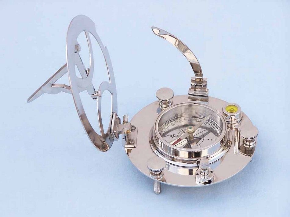 Chrome Round Sundial Compass with Black Rosewood Box 6"