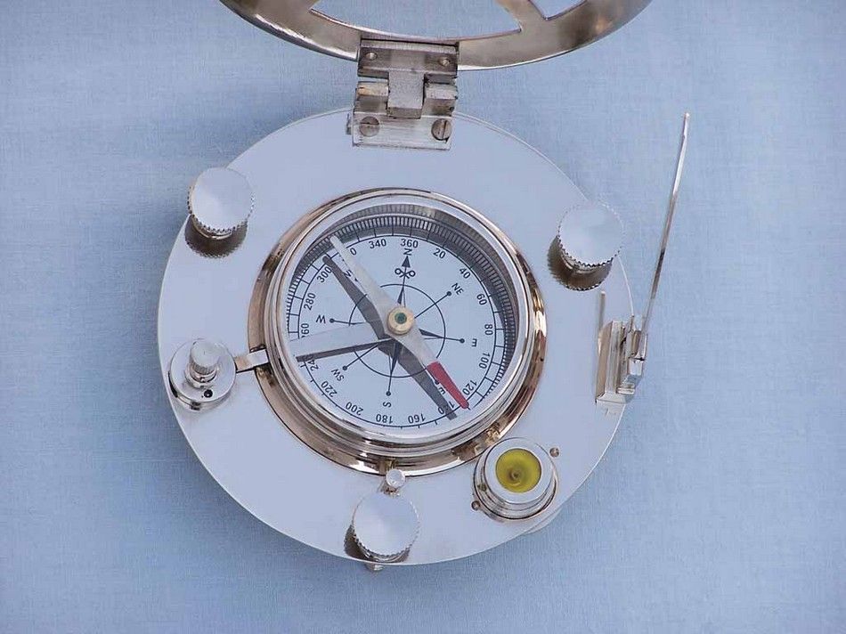 Chrome Round Sundial Compass with Black Rosewood Box 6"