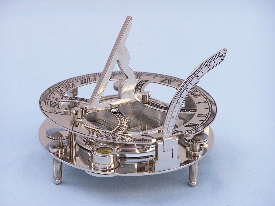 Chrome Round Sundial Compass with Black Rosewood Box 6"