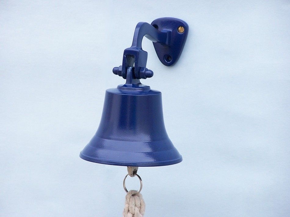 Solid Brass Hanging Ship's Bell 6" - Blue Powder Coated