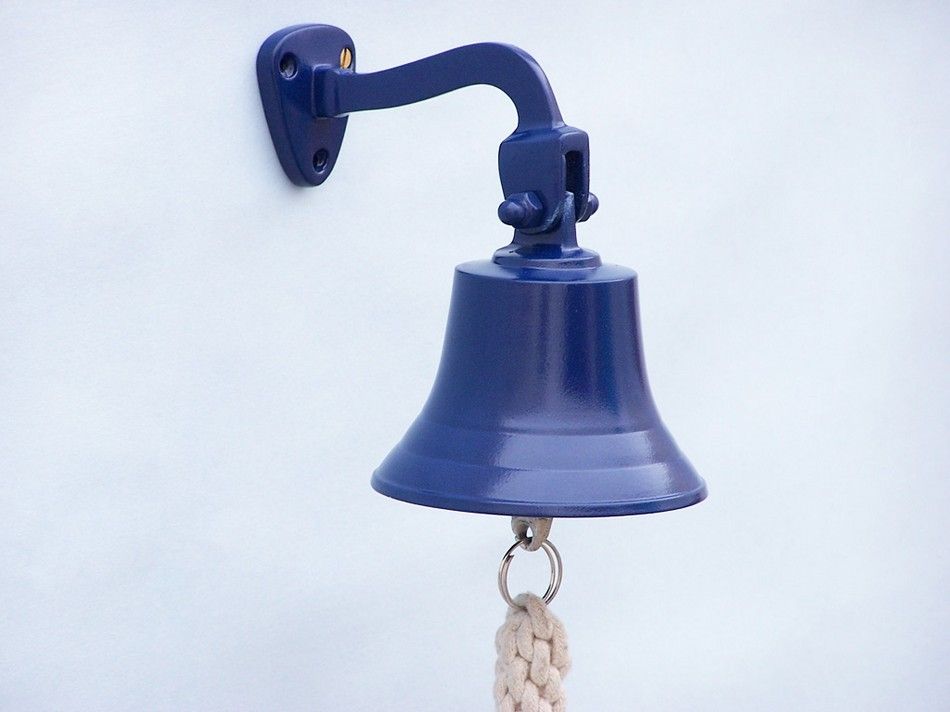 Solid Brass Hanging Ship's Bell 6" - Blue Powder Coated