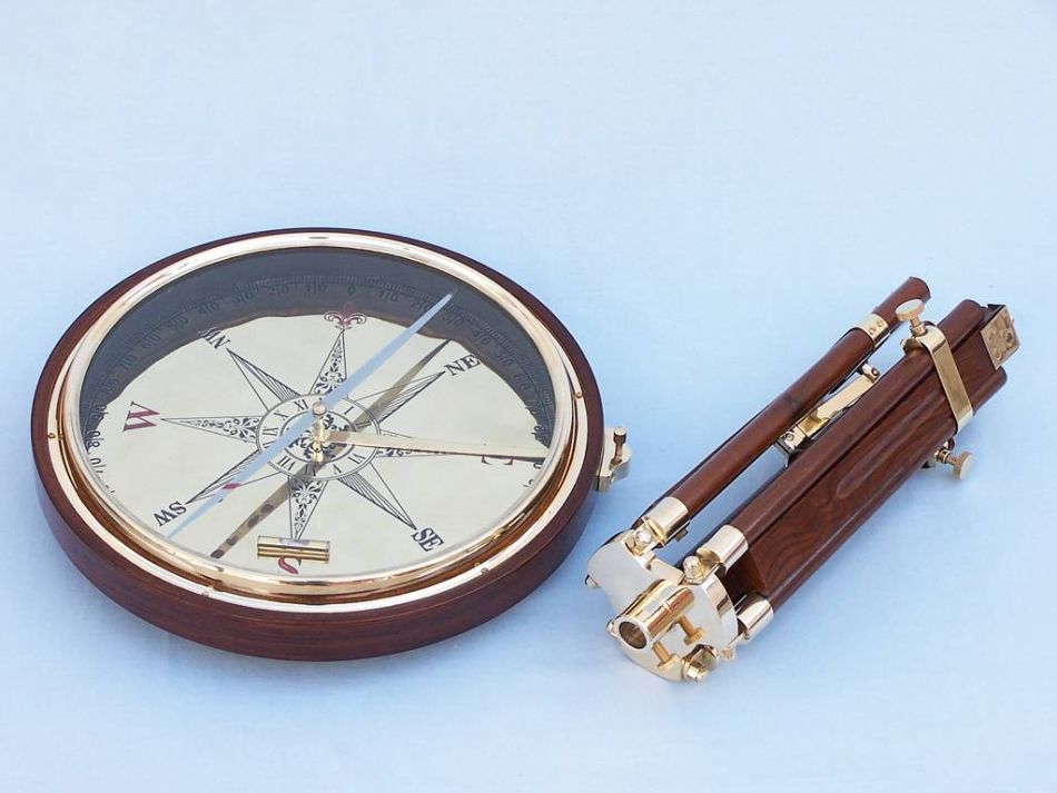 Decorative Wooden Brass Compass Table 23"