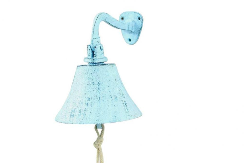 Dark Blue Whitewashed Cast Iron Hanging Ship's Bell 6"